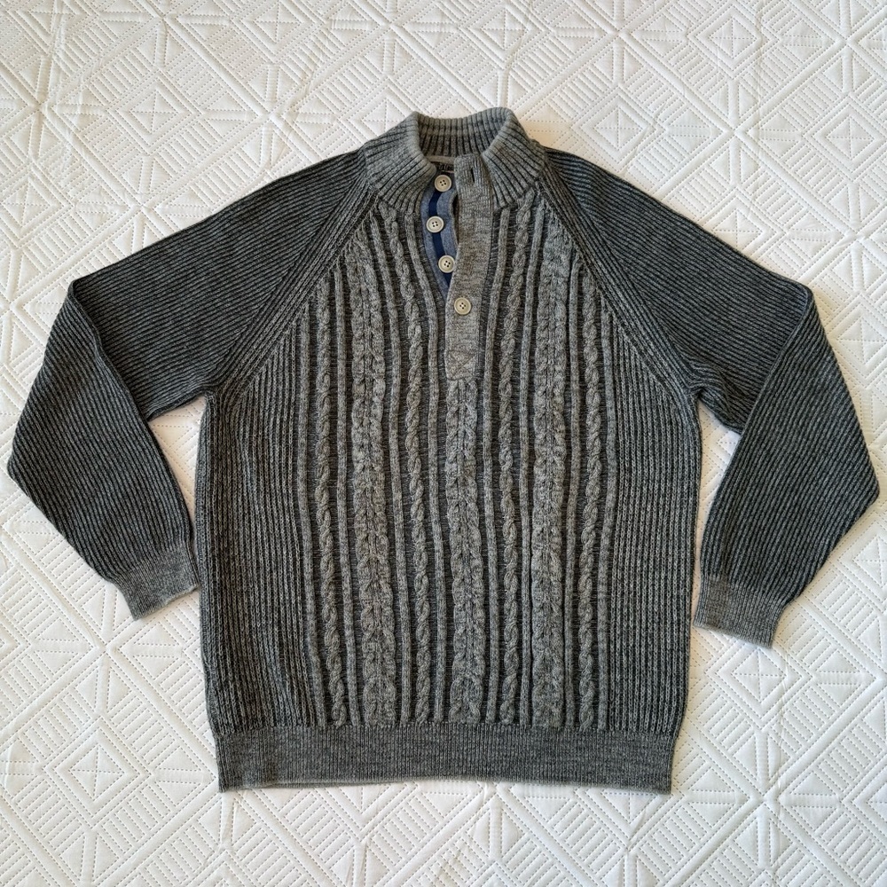 Tommy Bahama Sweater Men's XL Gray Fisherman 100% Cotton Cable Knit Button